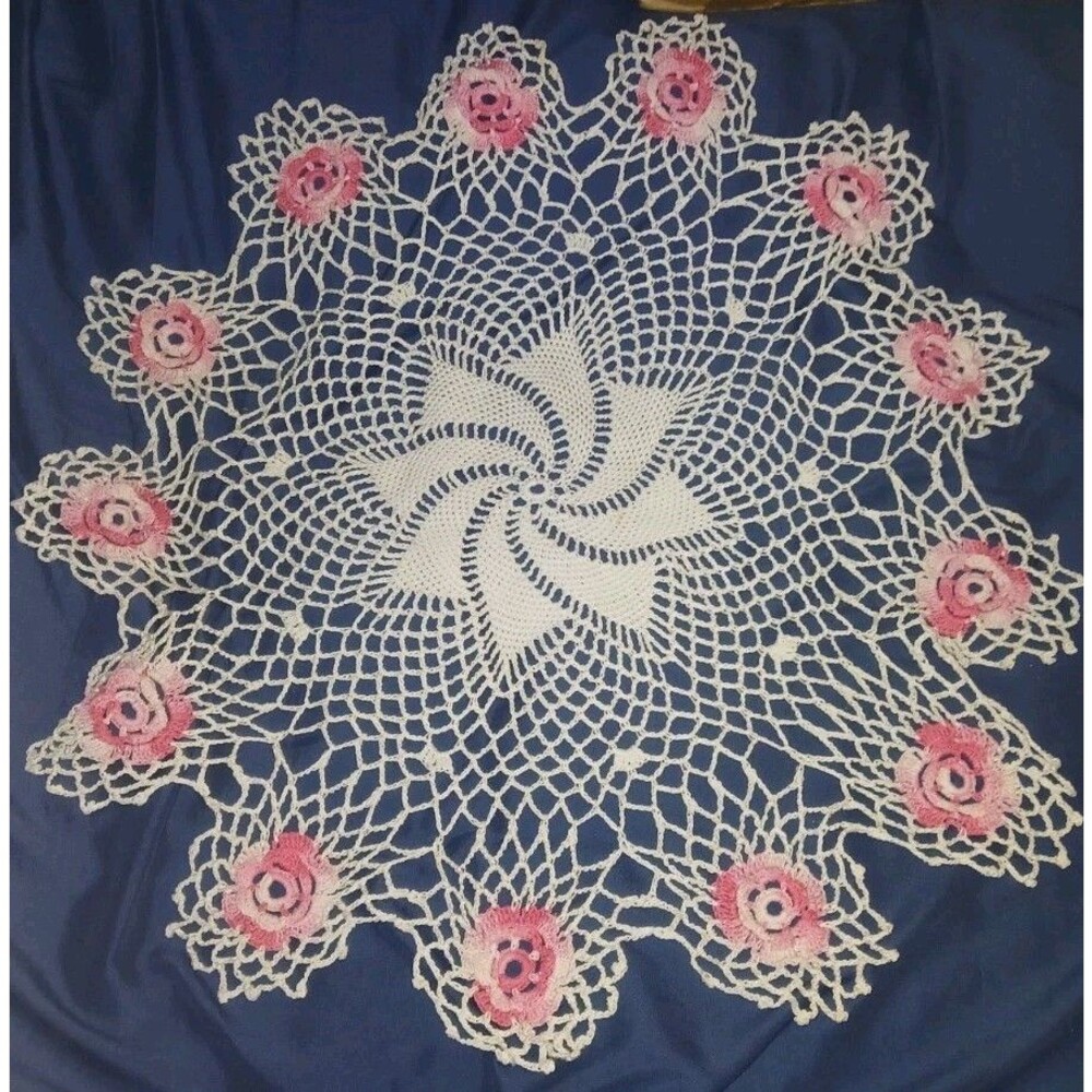 Handmade Crochet Centerpiece Doily White Pink Floral Romantic Vintage 18 Inch